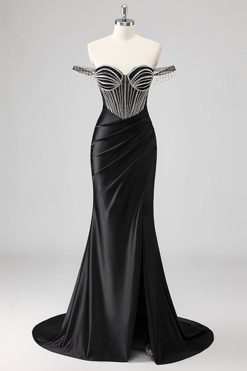 Sparkly Black Mermaid Off the Shoulder Beading Long Prom Dress with Slit